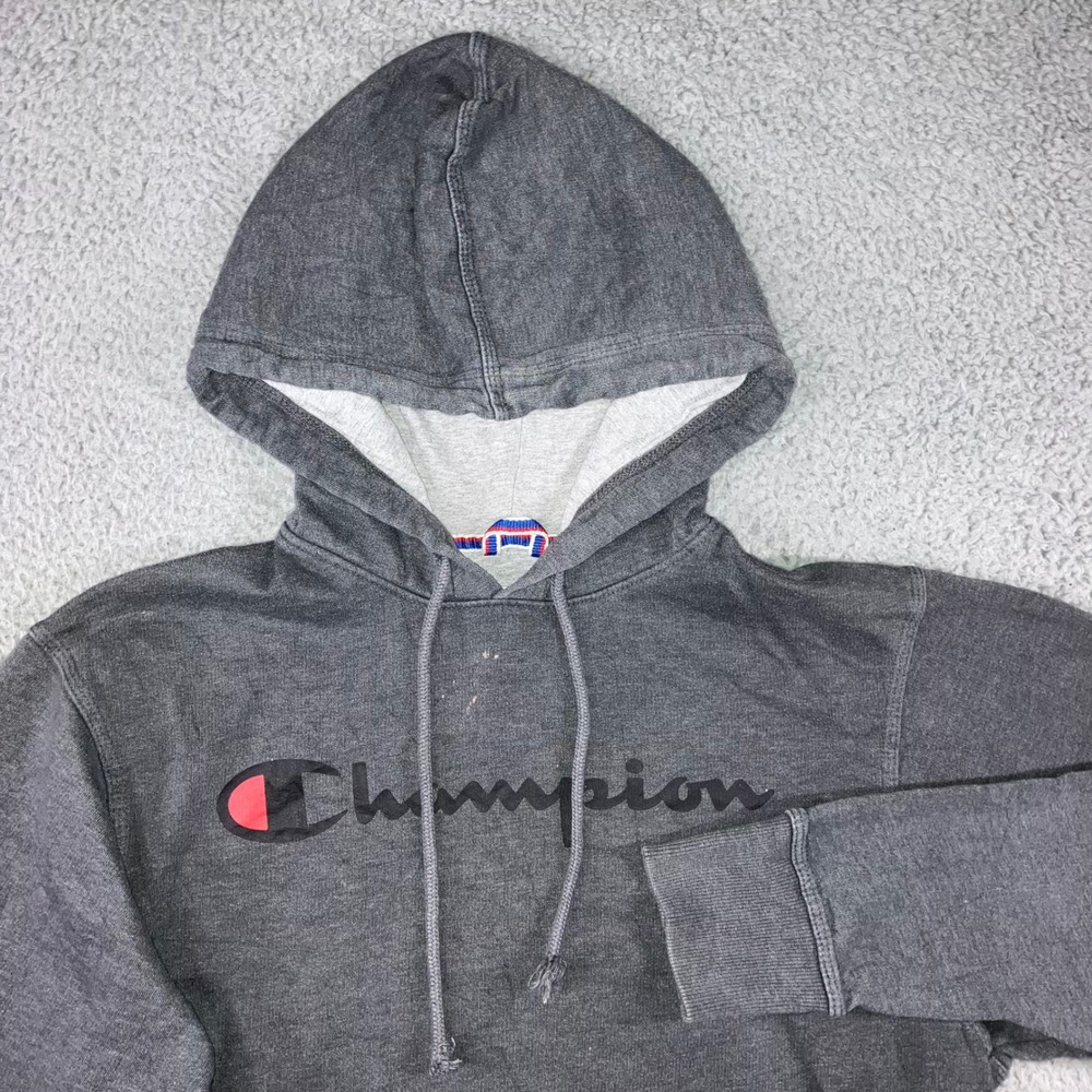 Champion Hoodie Men Small Gray Script Logo Long Sleeve Pullover Sweatshirt Y2K